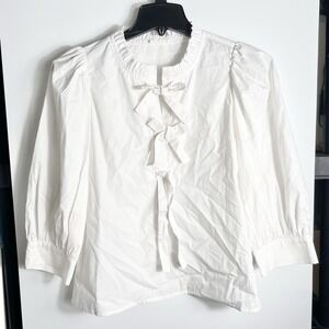 Jodifl White Cotton Blouse 3 Bow Front Puff Sleeve Top Womens Sz S (No Size Tag)
